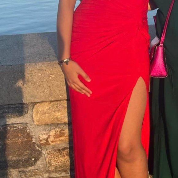 Ieena for Mac Duggal Red Sleeveless Side Knot Jersey Gown Thigh High Slit Dress - Picture 3 of 5